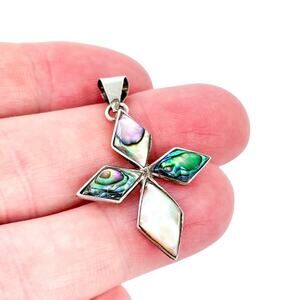 Vintage Mexico Taxco Sterling 925 Silver Abalone Inlay Cross Pendant